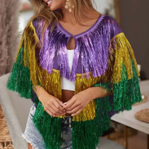 Women's Western Carnival Mardi Gras Tinsel Fringe Poncho Cape Top and Skirt Metallic Performance Costume Outfit for Party