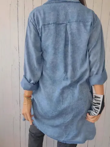Women Casual Faux Denim Shirt Jacket Oversized Mid-length Polyester Button Down Lapel Coat With Raw Hem For Spring Summer