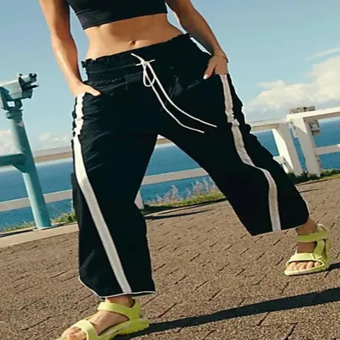 Damen High Waist Gerade Freizeithose Seitenstreifen Lose Weites Bein Sportliche Hose Mit Kordelzug Lässige Mode Unterteil