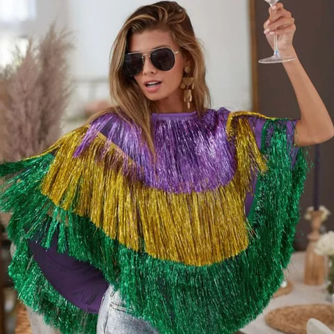 Women's Western Carnival Mardi Gras Tinsel Fringe Poncho Cape Top and Skirt Metallic Performance Costume Outfit for Party