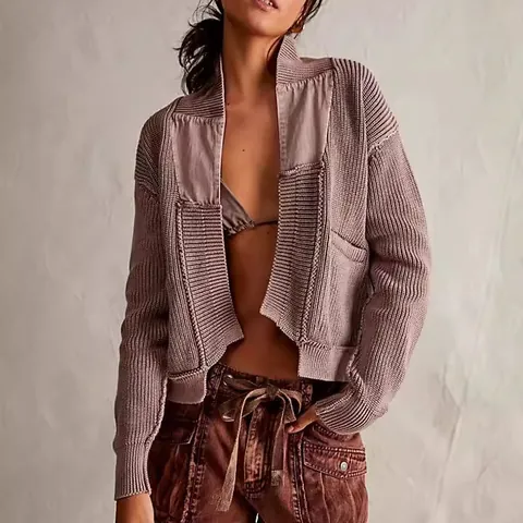 Women Casual Patchwork Knit Jacket Long Sleeve Cardigan Embroidered Color Block Jacket Fashion Contrast Stitching Outerwear Coat