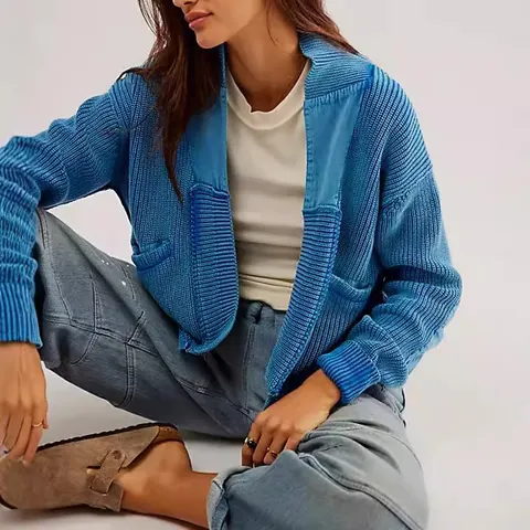 Women Casual Patchwork Knit Jacket Long Sleeve Cardigan Embroidered Color Block Jacket Fashion Contrast Stitching Outerwear Coat