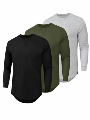 Western Style Men Long Sleeve Solid Color Fitness T-Shirt Curved Hem Athletic Top Breathable Polyester Round Neck Gym Sportswear