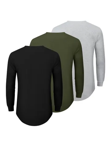 Western Style Men Long Sleeve Solid Color Fitness T-Shirt Curved Hem Athletic Top Breathable Polyester Round Neck Gym Sportswear