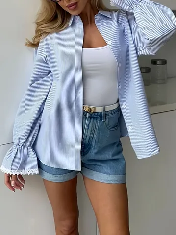 Women's Striped Long Sleeve Shirt With Lace Flare Sleeves Button Down Lapel Casual Blouse Spring Summer Top