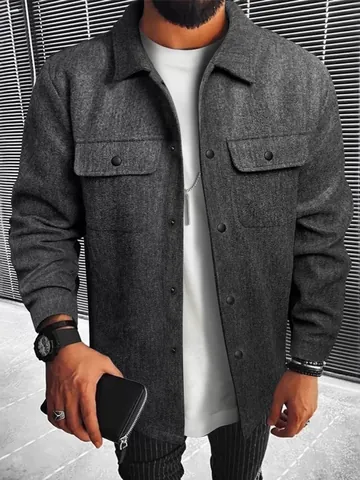 Men's Casual Woolen Jacket Lapel Single Breasted Flight Jacket Solid Color Multi Pocket Winter Thickened Jacket Top