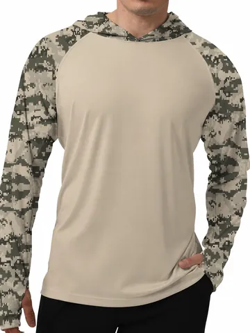Men Outdoor Sun Protection Fishing Clothing Quick Dry Breathable Ice Silk Hooded Top With Thumb Holes UV Protection Camouflage Splatter Print Sportswear