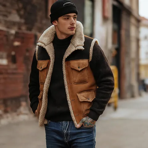 Men Vintage Patchwork Suede Sherpa Lined Vest Multi-Pocket Single-Breasted Outdoor Warm Casual Waistcoat Jacket Top