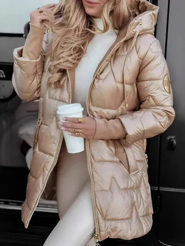Women Winter Hooded Cotton Padded Jacket Metallic Shiny Quilted Star Mid Length Outerwear Puffer Top Warm Coat
