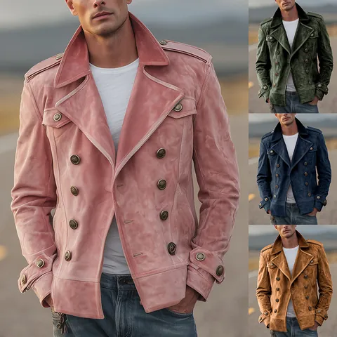 Men Vintage Suede Jacket Lapel Double Breasted Workwear Style Casual Outerwear Windbreaker Coat For Autumn Spring