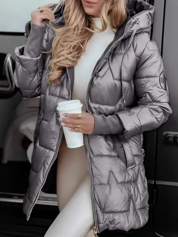 Giacca Imbottita in Cotone con Cappuccio Invernale da Donna Metallico Lucido Trapuntato Stella Lunghezza Media Piumino Top