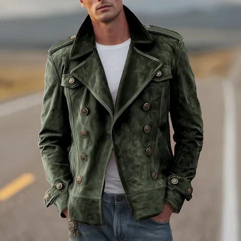 Men's Casual Double Breasted Jacket Fashion Lapel Suede Texture Mid-length Coat Windproof Outdoor Workwear Jacket For Men