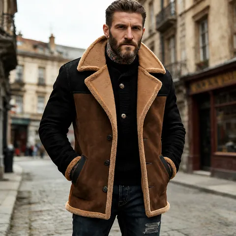Men's Vintage Color Block Sherpa Lined Jacket Winter Warm Faux Suede Coat Western Style Outdoor Casual Button Up Jacket Top
