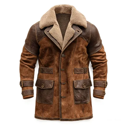 Men Vintage Brown Mid-Length Overcoat With Faux Shearling Collar Retro Leather Patchwork Winter Warm Jacket Loose Lapel Coat