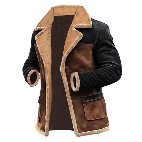 Men's Vintage Color Block Sherpa Lined Jacket Winter Warm Faux Suede Coat Western Style Outdoor Casual Button Up Jacket Top