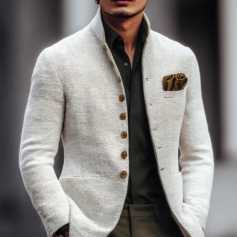 Men's Slim Fit Stand Collar Jacket Fashion Business Casual Multi Button Polyester Outerwear Waffle Texture Blazer For Daily Wear