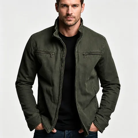 Men's Retro Workwear Cargo Jacket Stand Collar Zipper Casual Solid Color Outerwear For Spring Autumn Multi-Pocket Top