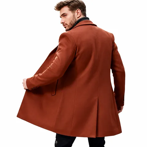 British Style Men's Mid-length Woolen Coat Thickened Winter Overcoat Lapel Slim Fit Polyester Long Jacket Caramel Grey Black