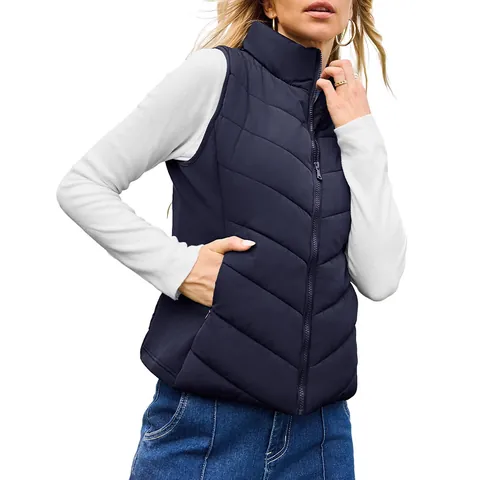 Women's Quilted Padded Vest Stand Collar Lightweight Zip Up Sleeveless Puffer Gilet Jacket For Spring Autumn Casual Outerwear