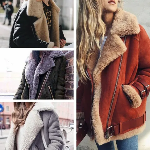 Women's Winter Motorcycle Jacket Faux Shearling Suede Lapel Padded Coat Warm Streetwear Biker Jacket Outerwear Top