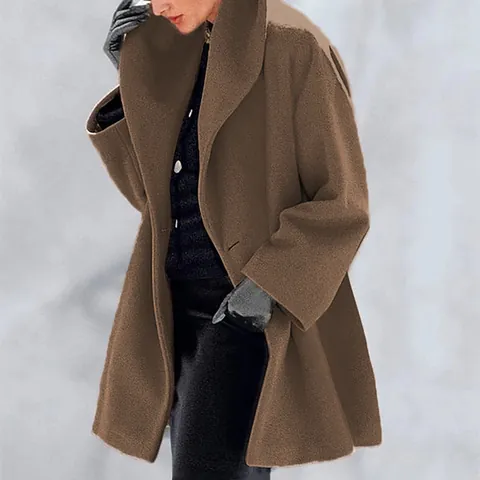 Women's Fashion Loose Fit Woolen Coat Polyester Solid Color Lapel Hooded Mid-Length Outerwear Casual Commuter Style Top