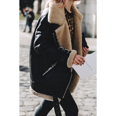 Women's Casual Polyester Faux Suede Biker Jacket With Artificial Lambswool Lining Warm Sherpa Lapel Top And Bottom Winter Coat