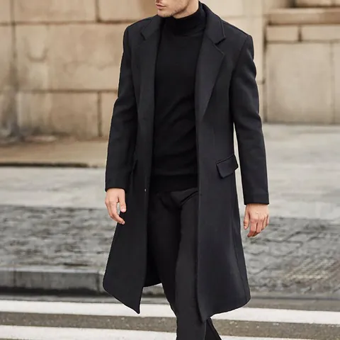 Men British Style Long Woolen Overcoat Single Breasted Slim Fit Polyester Winter Warm Trench Coat Business Casual Outerwear