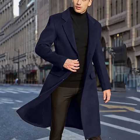 Manteau Long en Laine Style Britannique pour Hommes Revers Simple Boutonnage Trench Automne Hiver Polyester Business Top