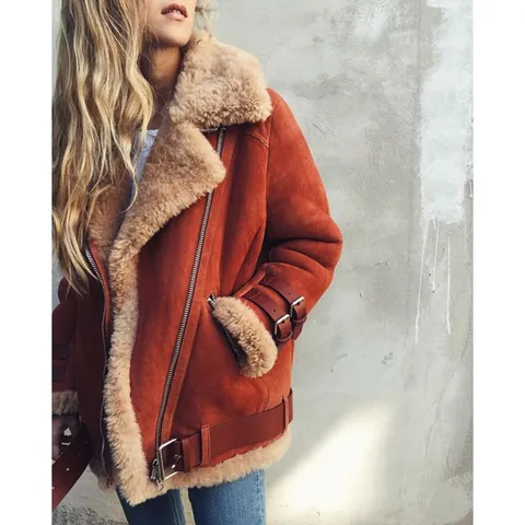 Women's Winter Motorcycle Jacket Faux Shearling Suede Lapel Padded Coat Warm Streetwear Biker Jacket Outerwear Top