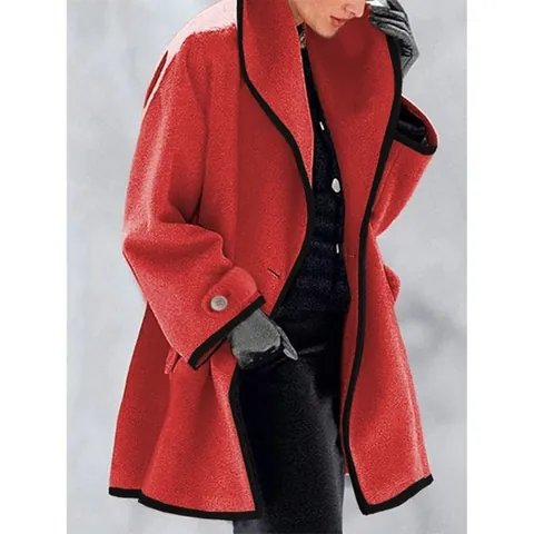 Women's Oversized Woolen Coat Contrast Piping Design Long Sleeve Fashion Loose Casual Warm Mid-Length Outerwear Jacket For Autumn Winter