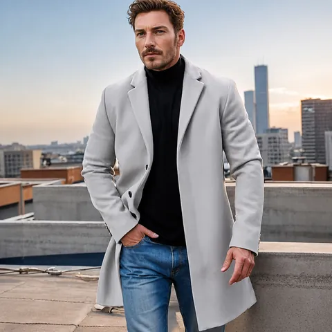 Men British Style Mid-Length Woolen Coat Thick Single-Breasted Overcoat Trench Jacket Winter Casual Solid Color Polyester Top