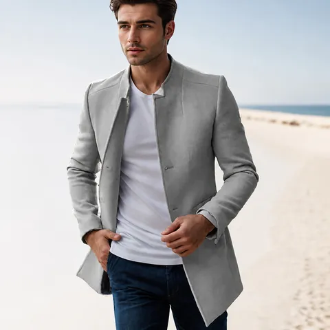 Men Slim Fit Polyester Overcoat Long Jacket Casual Lapel Button Woolen Look Coat For Autumn Winter Outdoor Daily Wear Top