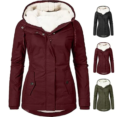 Women's Casual Sherpa Lined Padded Jacket Slim Fit Hooded Coat With Zipper Pockets Long Sleeve Warm Parka For Winter Outdoor