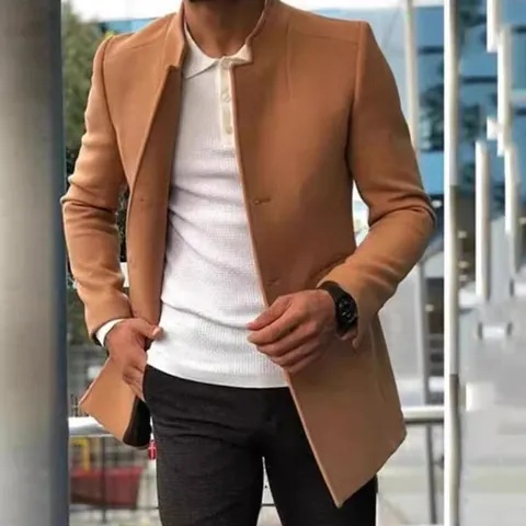 Men Slim Fit Polyester Overcoat Long Jacket Casual Lapel Button Woolen Look Coat For Autumn Winter Outdoor Daily Wear Top