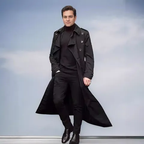 Men's Classic Long Trench Coat Double Breasted Windbreaker With Belt Fashion European Style Casual Autumn Spring Jacket Top