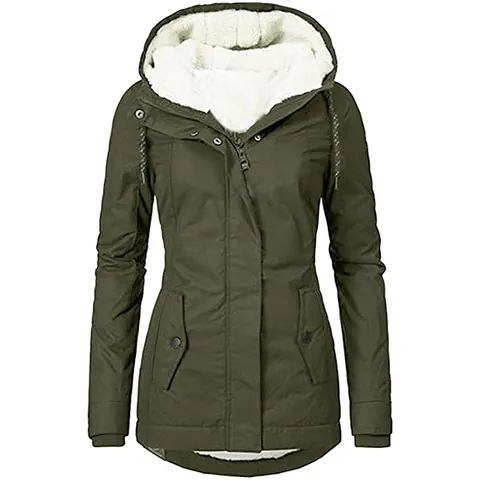 Women's Mid-Length Padded Jacket Fleece Lined Hooded Winter Coat Warm Windproof Solid Color Parka With Pockets Zip Up Top
