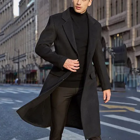 Men British Style Long Woolen Overcoat Single Breasted Slim Fit Polyester Winter Warm Trench Coat Business Casual Outerwear