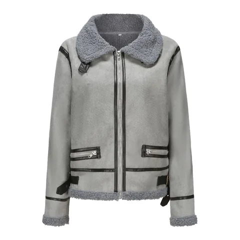 Dames Lamswol-optiek Aviator Jas Kunstleer Biker Mantel Vintage Distressed Kort Buitenstof Top Voor Winter