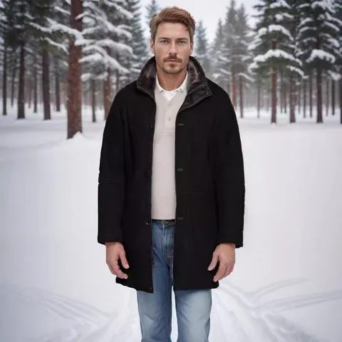 Heren Winter Halflange Mantel Met Kunstbontvoering Polyestermix Composiet Warme Casual Business Opstaande Kraag Mantel Top
