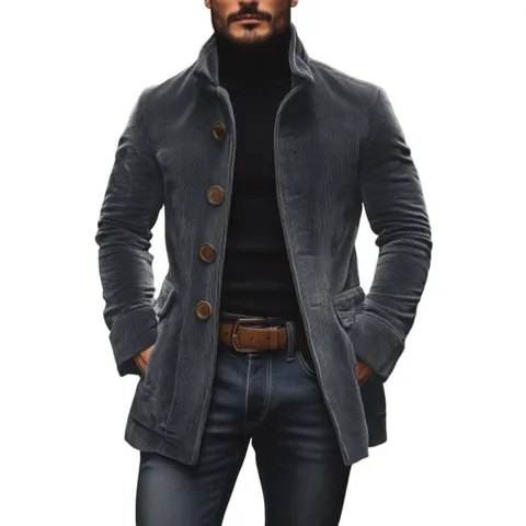 Men's Casual Stand Collar Corduroy Jacket Mid Length Button Down Blazer Coat Solid Color Spring Autumn Outerwear Top