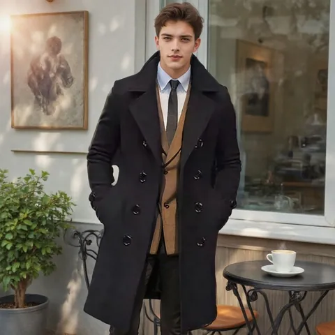 Men British Style Double Breasted Woolen Overcoat Long Lapel Polyester Solid Color Business Casual Winter Trench Coat Top