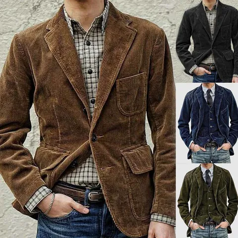 Men's Corduroy Blazer Slim Fit Single Breasted Suit Jacket British Style Casual Notch Lapel Sport Coat Outerwear Top