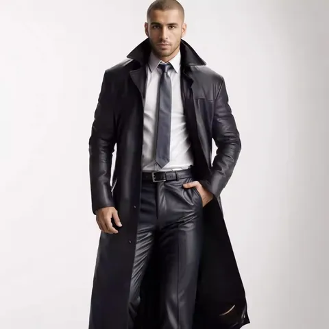 Men's Fashion Long PU Leather Trench Coat Slim Fit Extra Long Faux Leather Overcoat Single Breasted Windproof Jacket For Men