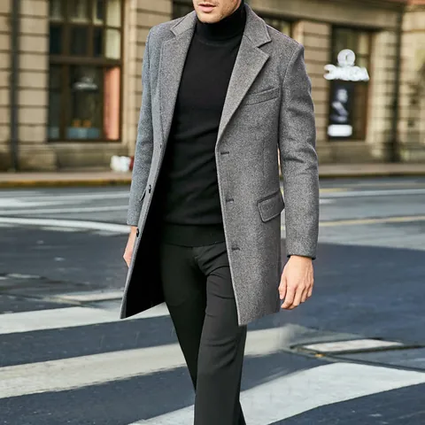 Cappotto da Uomo in Poliestere a Media Lunghezza Stile Britannico Rever a Lancetta Manica Lunga Slim Fit Trench Business Casual Autunno Inverno