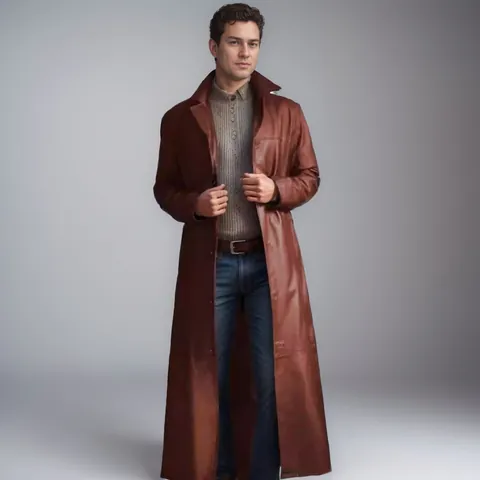 Men's Fashion Long PU Leather Trench Coat Slim Fit Extra Long Faux Leather Overcoat Single Breasted Windproof Jacket For Men