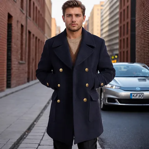 Men's British Style Long Sleeve Overcoat Double Breasted Thick Warm Woolen Mix Mid-Length Trench Coat Fall Winter Outerwear Top