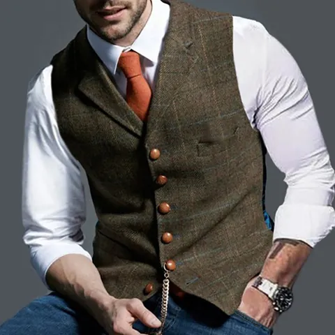Chaleco de Hombre a Cuadros Slim Fit Poliéster Estampado Abotonadura Sencilla Solapa Business Casual Estilo Británico para Hombres