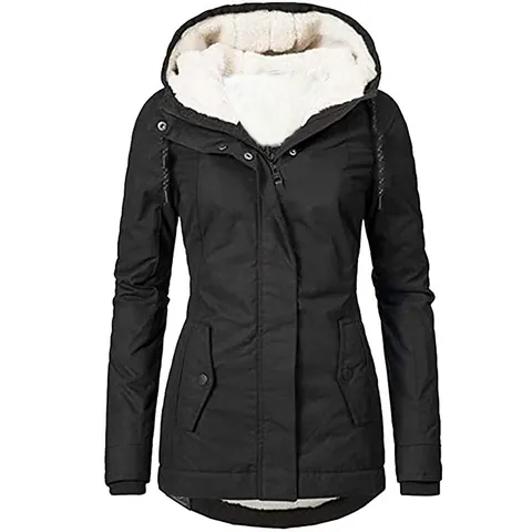 Women Mid-length Parka Fleece Lined Hooded Jacket Solid Color Zipper Winter Warm Padded Coat Polyester Cotton Outerwear
