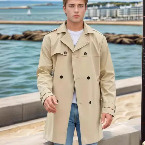 Men's Casual Slim Fit Double-Breasted Trench Coat With Belt Polyester Long Sleeve Lapel Windbreaker Jacket Outerwear For Autumn