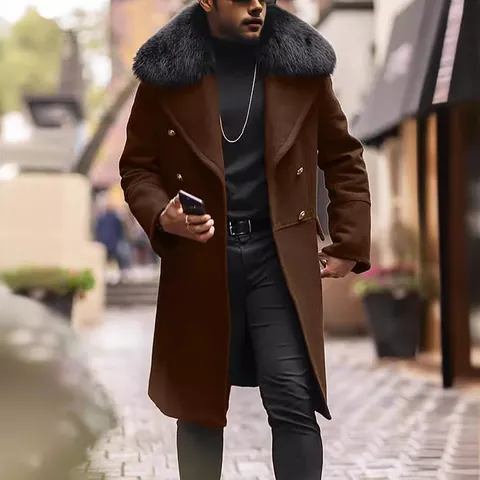 Men Polyester Mid-long Overcoat With Large Faux Fur Collar Double Breasted Winter Warm Trench Coat Casual Streetwear Top